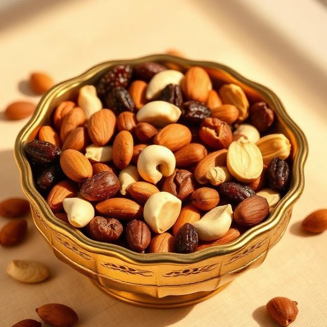 Premium dry fruits in traditional golden bowl — Shreeji quality since 1984