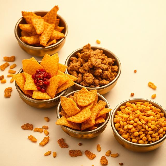 Crispy Indian namkeen snacks in traditional brass bowls