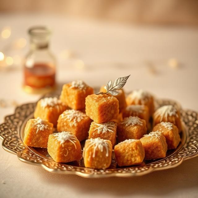 Traditional Indian mithai sweets with silver leaf on golden plate