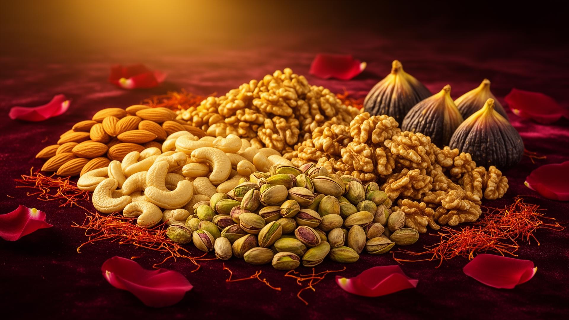 Premium assorted dry fruits including almonds, cashews, pistachios, walnuts and figs arranged beautifully with rose petals and saffron