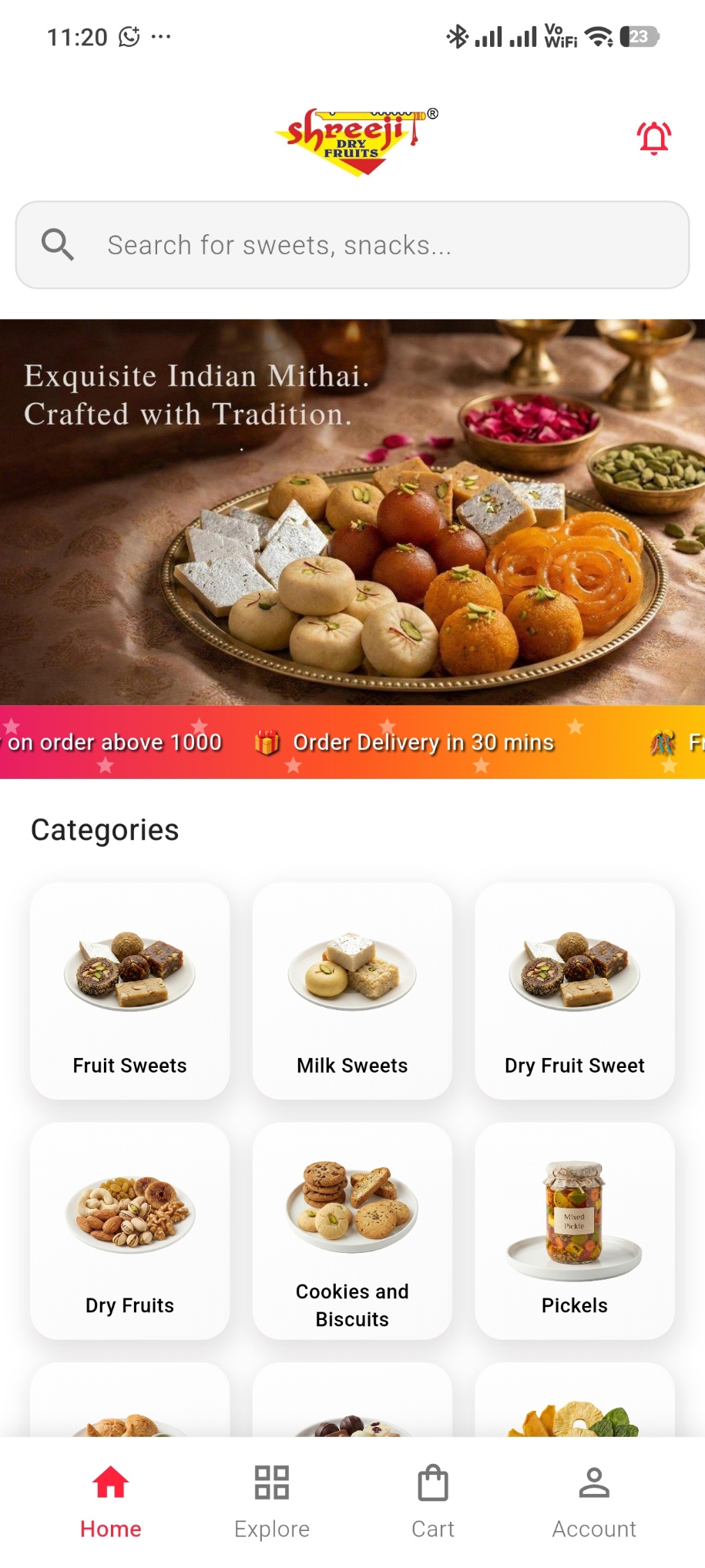 Shreeji Dry Fruits app — browse premium dry fruits and sweets